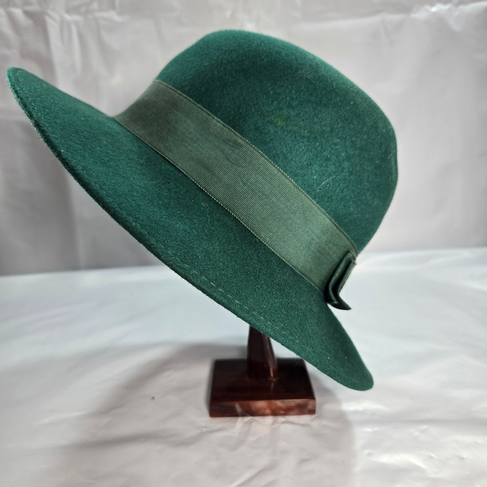 Vintage Womans Hat 100% Wool Fedora Felt George W Bollman Doeskin Green USA